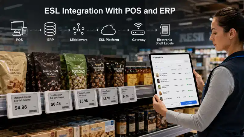 Elektronisk hylletikettsintegration med POS och ERP: API:er, datamappning, fe...