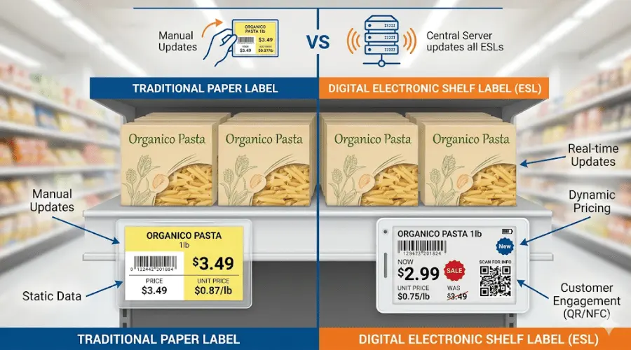 Comparison between traditional paper price tags and digital shelf labels on a retail shelf