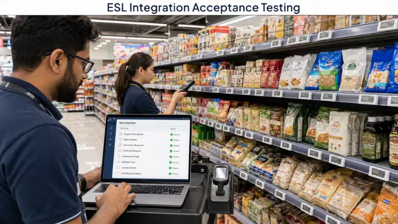 Retail team testing POS and ERP integration with electronic shelf labels before store rollout